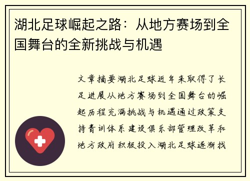 湖北足球崛起之路：从地方赛场到全国舞台的全新挑战与机遇
