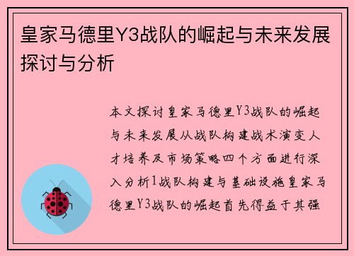 皇家马德里Y3战队的崛起与未来发展探讨与分析