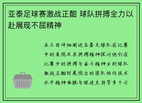 亚泰足球赛激战正酣 球队拼搏全力以赴展现不屈精神