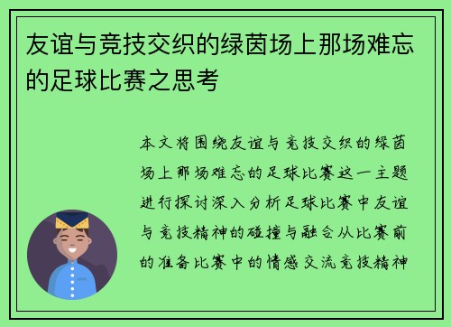 友谊与竞技交织的绿茵场上那场难忘的足球比赛之思考