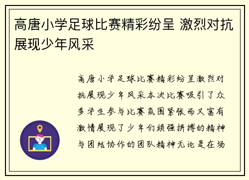 高唐小学足球比赛精彩纷呈 激烈对抗展现少年风采