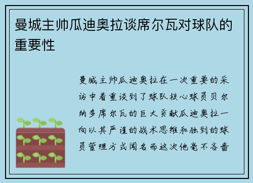曼城主帅瓜迪奥拉谈席尔瓦对球队的重要性