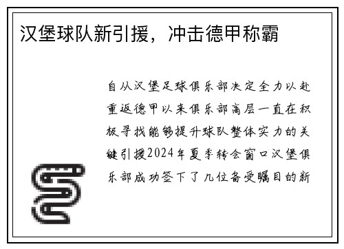 汉堡球队新引援，冲击德甲称霸
