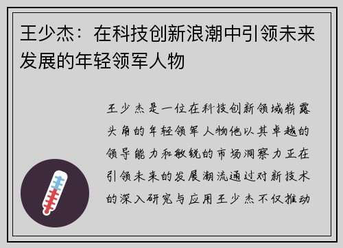 王少杰：在科技创新浪潮中引领未来发展的年轻领军人物