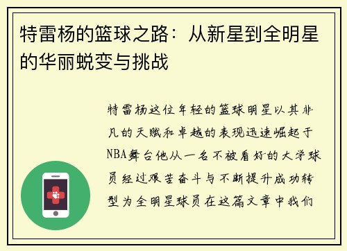 特雷杨的篮球之路：从新星到全明星的华丽蜕变与挑战