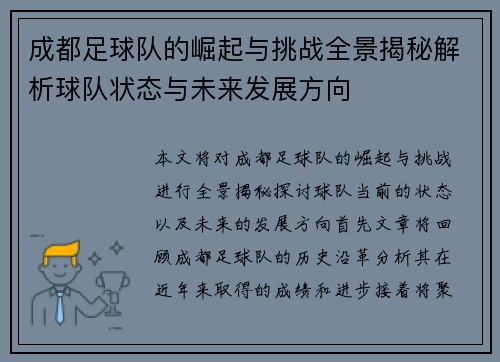 成都足球队的崛起与挑战全景揭秘解析球队状态与未来发展方向