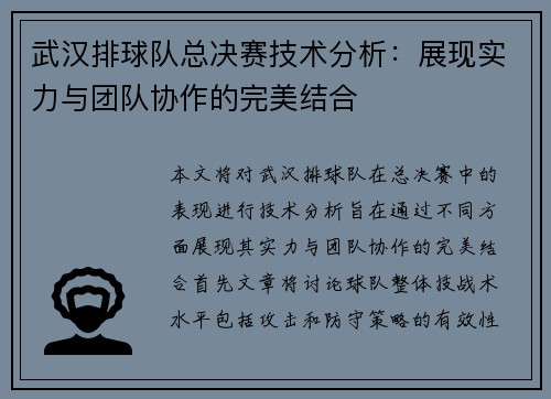 武汉排球队总决赛技术分析：展现实力与团队协作的完美结合